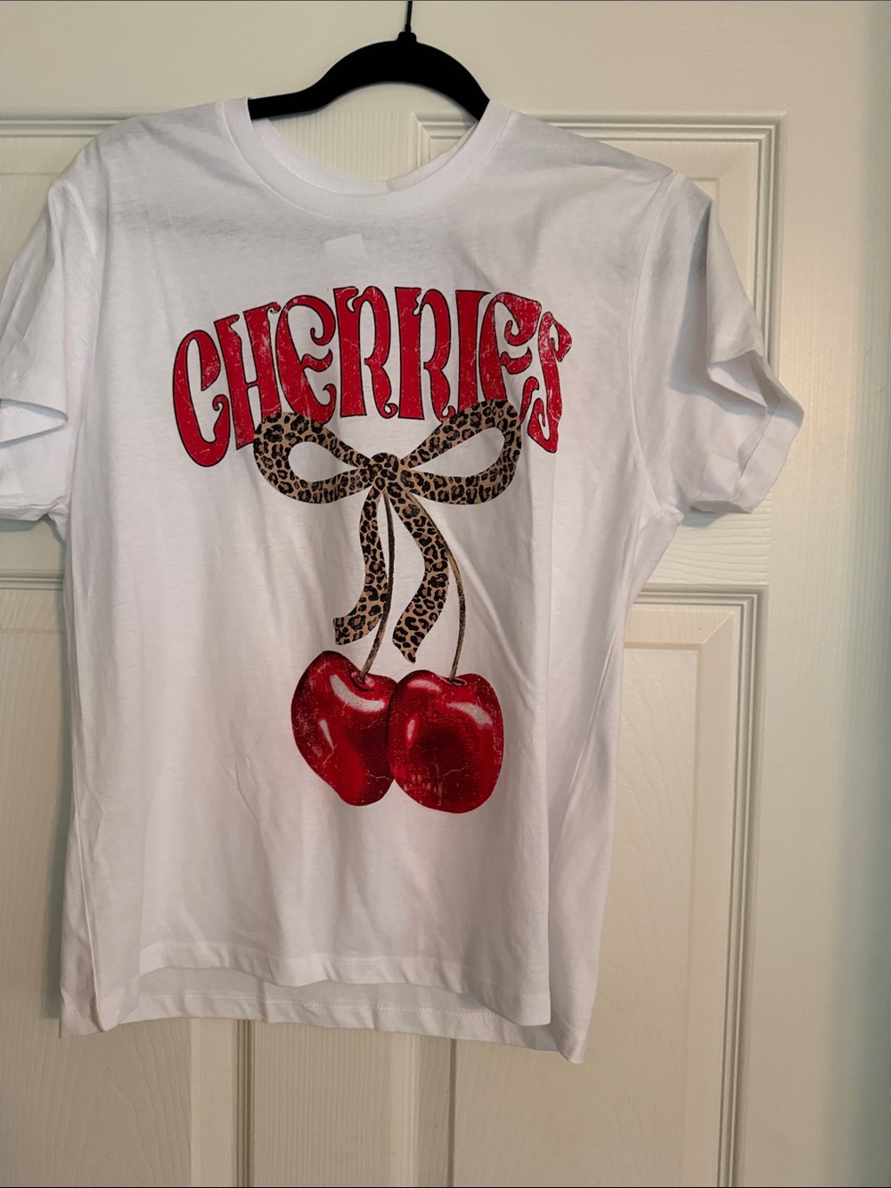 Sweet Claire White Tee with Red Cherries & Leopard Bow